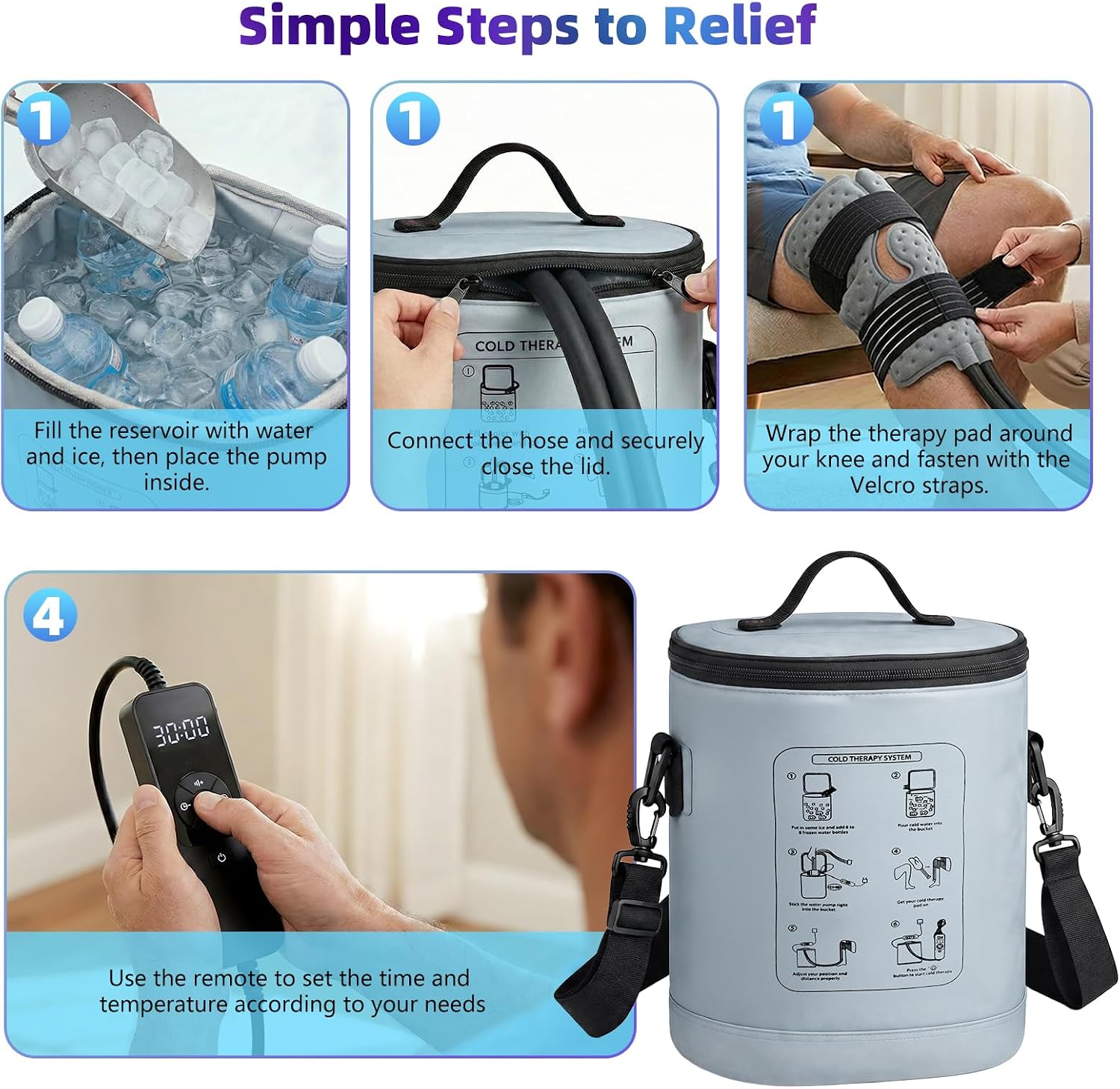 [Color] portable cold therapy machine with neoprene compression pad, displaying programmable timer interface for post-surgery pain relief — view 4