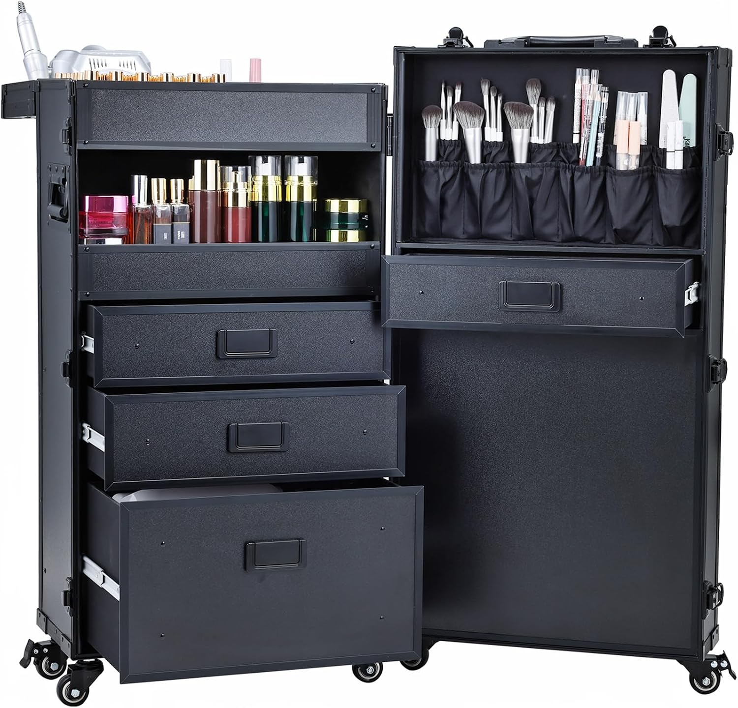 [Color] lockable rolling makeup case with multiple drawers and metal handles, designed for professional nail technicians and salon use — front