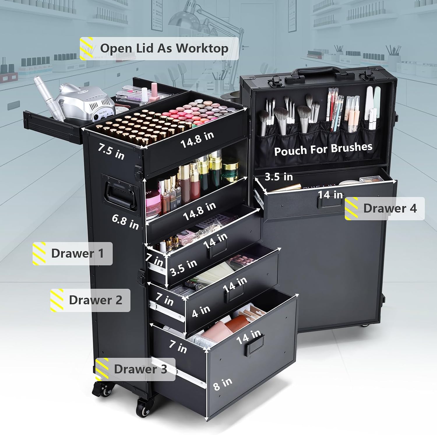 [Color] lockable rolling makeup case with multiple drawers and metal handles, designed for professional nail technicians and salon use — view 3a