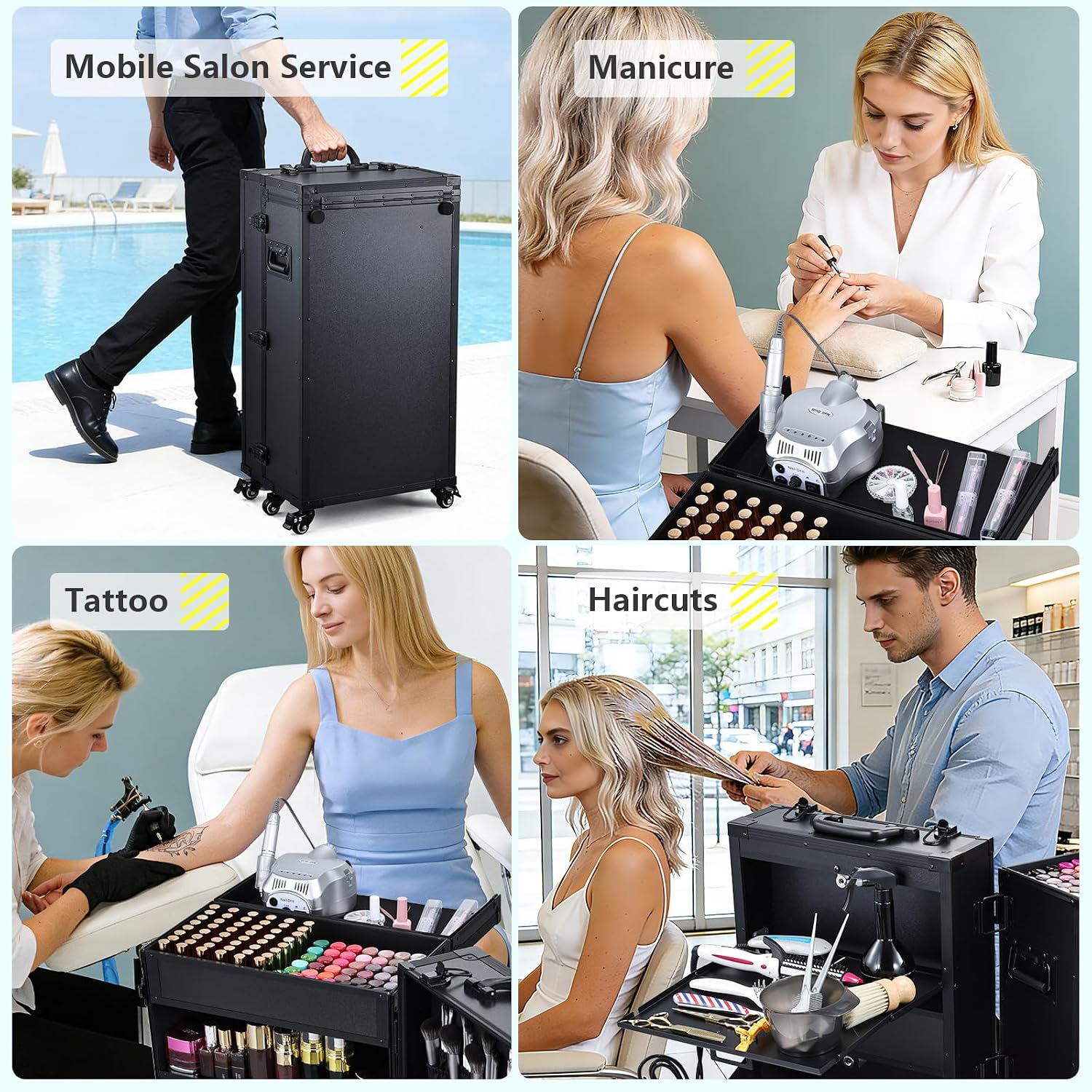 [Color] lockable rolling makeup case with multiple drawers and metal handles, designed for professional nail technicians and salon use — view 2