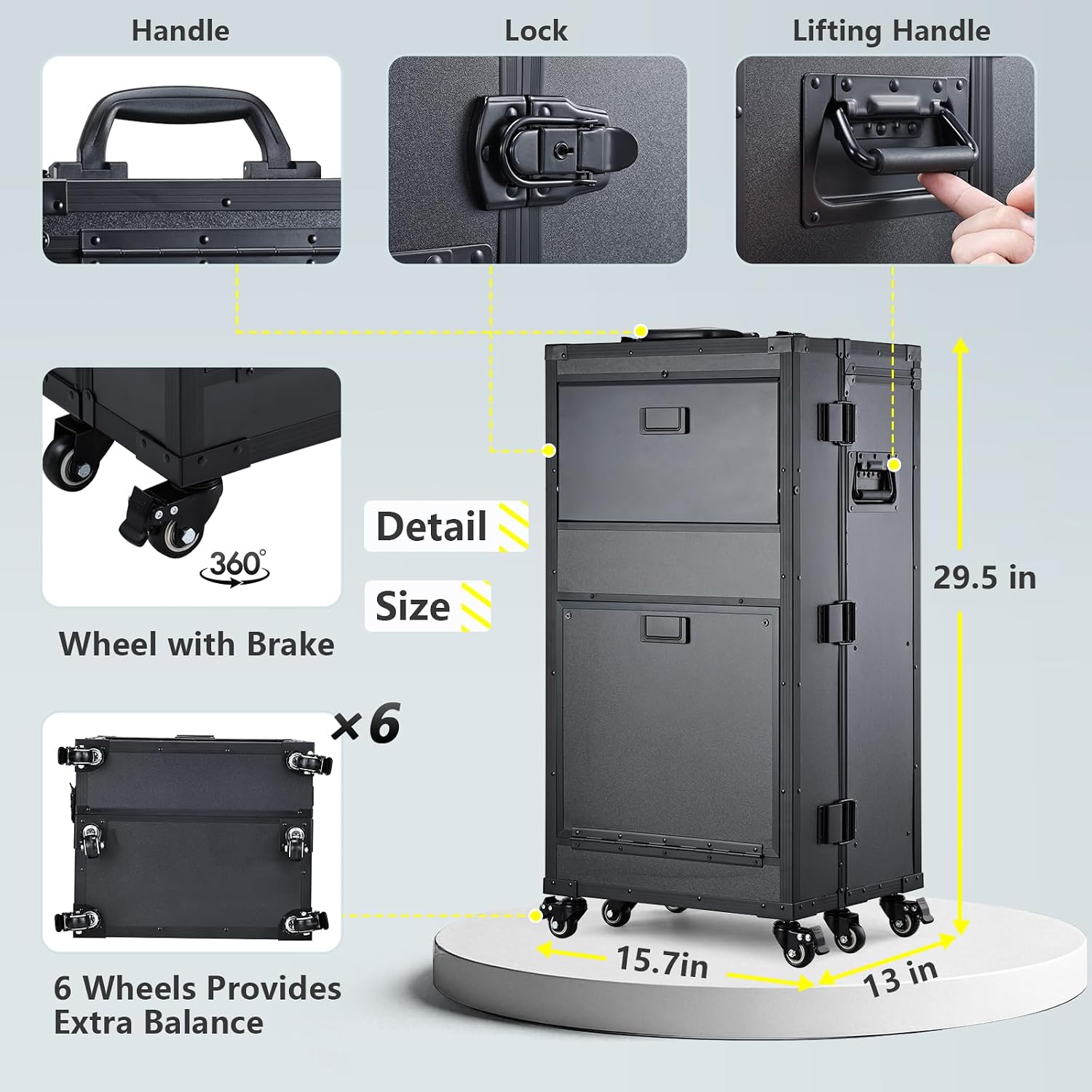 [Color] lockable rolling makeup case with multiple drawers and metal handles, designed for professional nail technicians and salon use — view 3