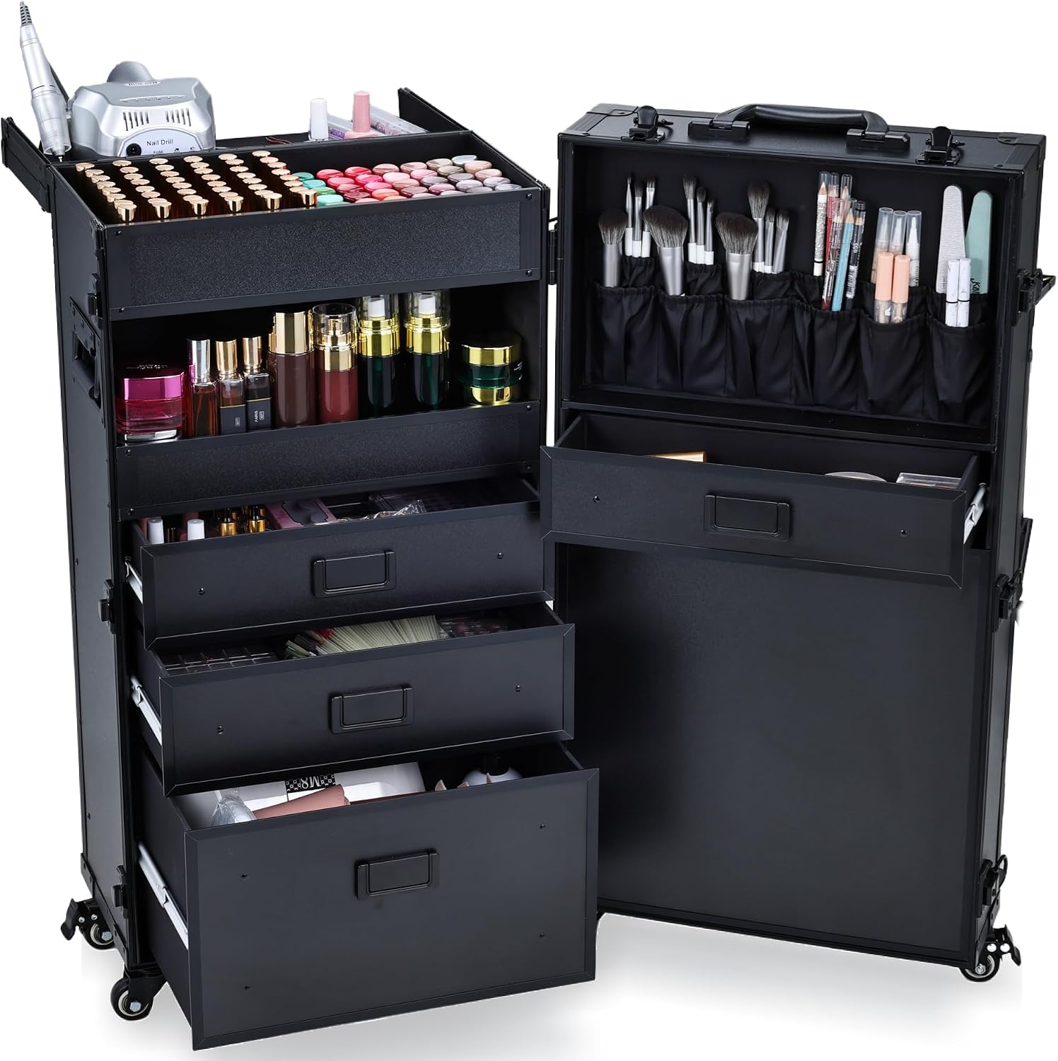 [Color] lockable rolling makeup case with multiple drawers and metal handles, designed for professional nail technicians and salon use — view 4