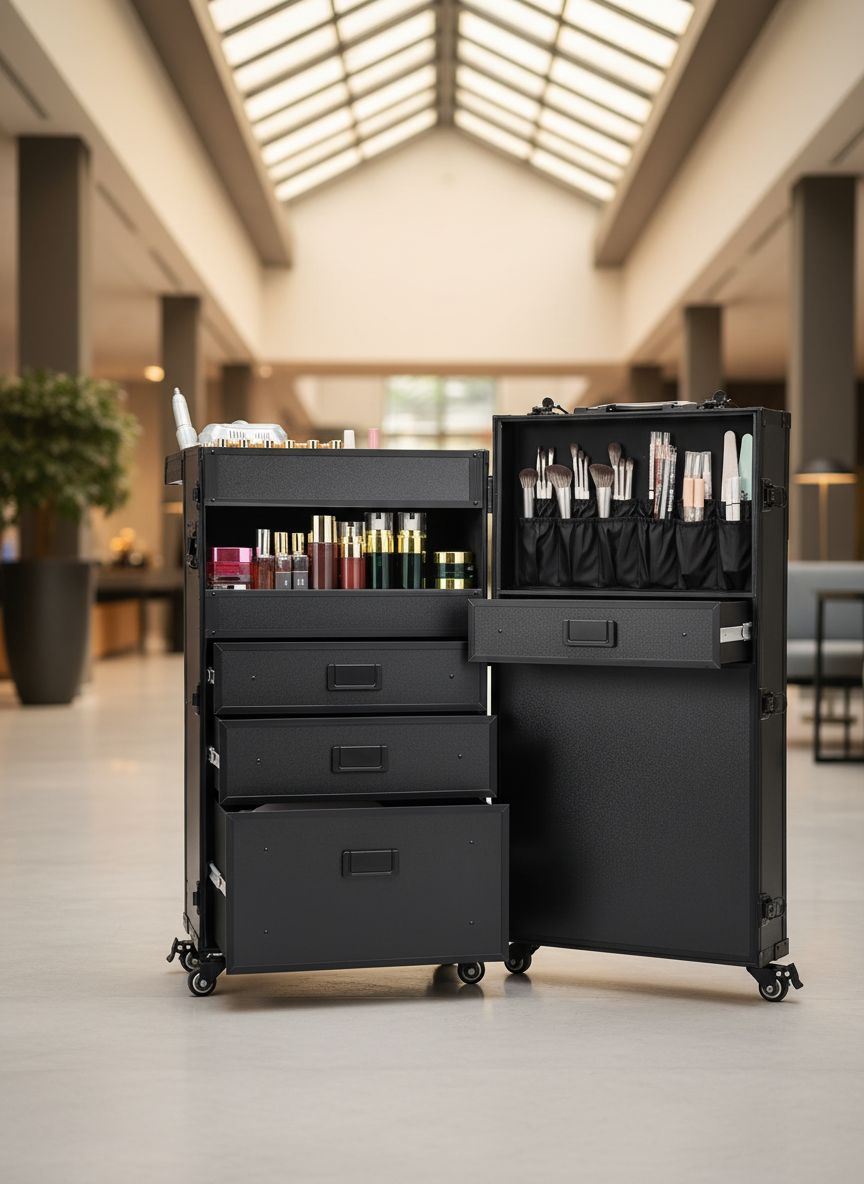[Color] lockable rolling makeup case with multiple drawers and metal handles, designed for professional nail technicians and salon use — view 1