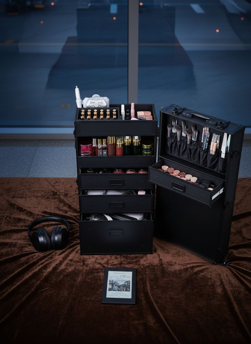 [Color] lockable rolling makeup case with multiple drawers and metal handles, designed for professional nail technicians and salon use — view 7a