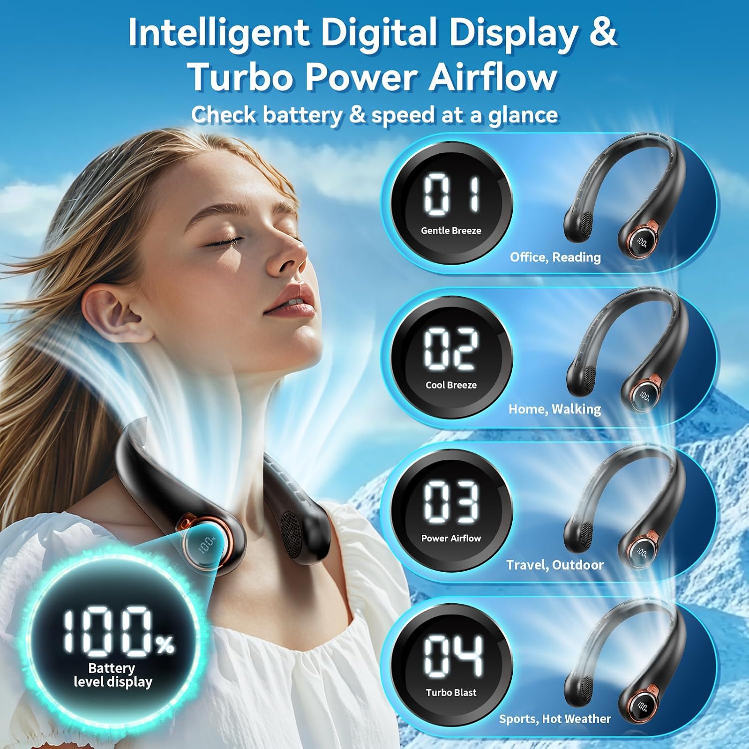 [Color] rechargeable neck fan with LED display and 360-degree airflow for outdoor cooling — view 3