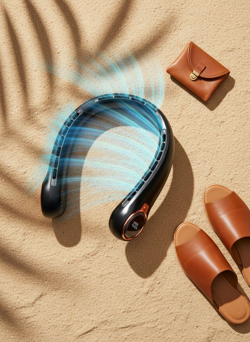 [Color] rechargeable neck fan with LED display and 360-degree airflow for outdoor cooling — view 7a