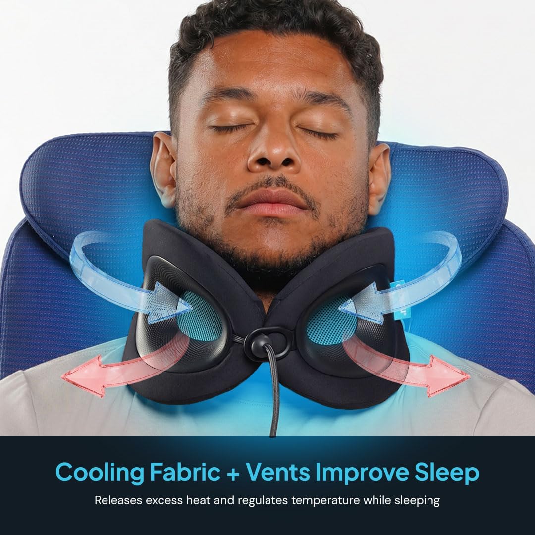 Cabeau Evolution X memory foam travel neck pillow in dark blue and light blue with ergonomic support design and included carry bag — view 3