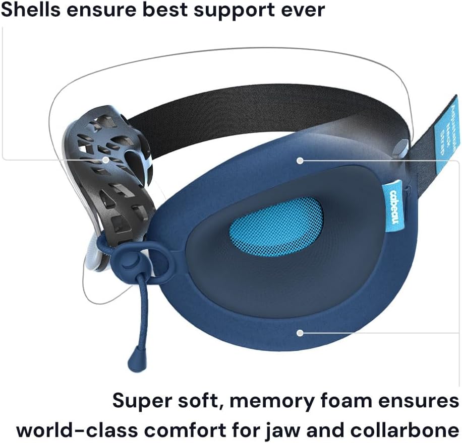 Cabeau Evolution X memory foam travel neck pillow in dark blue and light blue with ergonomic support design and included carry bag — view 4
