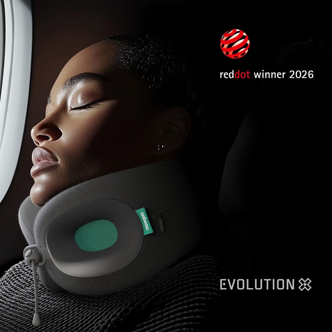Cabeau Evolution X memory foam travel neck pillow in dark blue and light blue with ergonomic support design and included carry bag — view 2