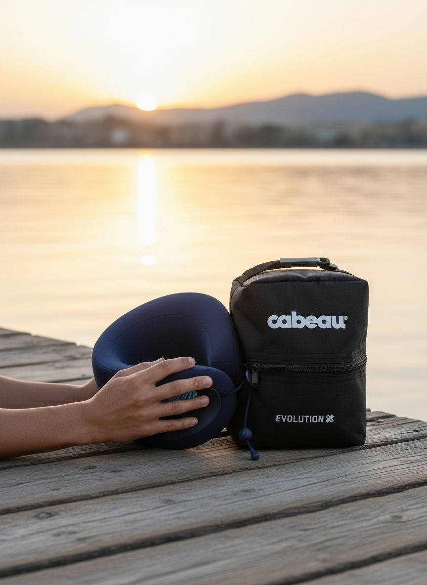 Cabeau Evolution X memory foam travel neck pillow in dark blue and light blue with ergonomic support design and included carry bag — view 4