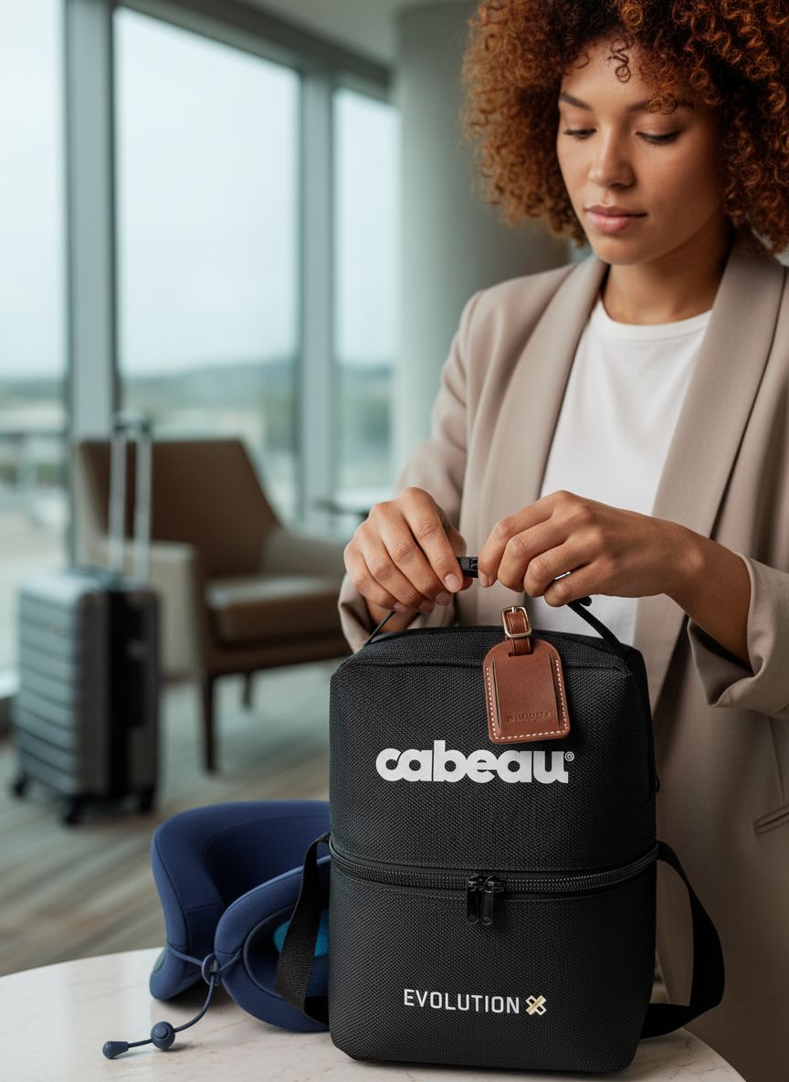 Cabeau Evolution X memory foam travel neck pillow in dark blue and light blue with ergonomic support design and included carry bag — view 6