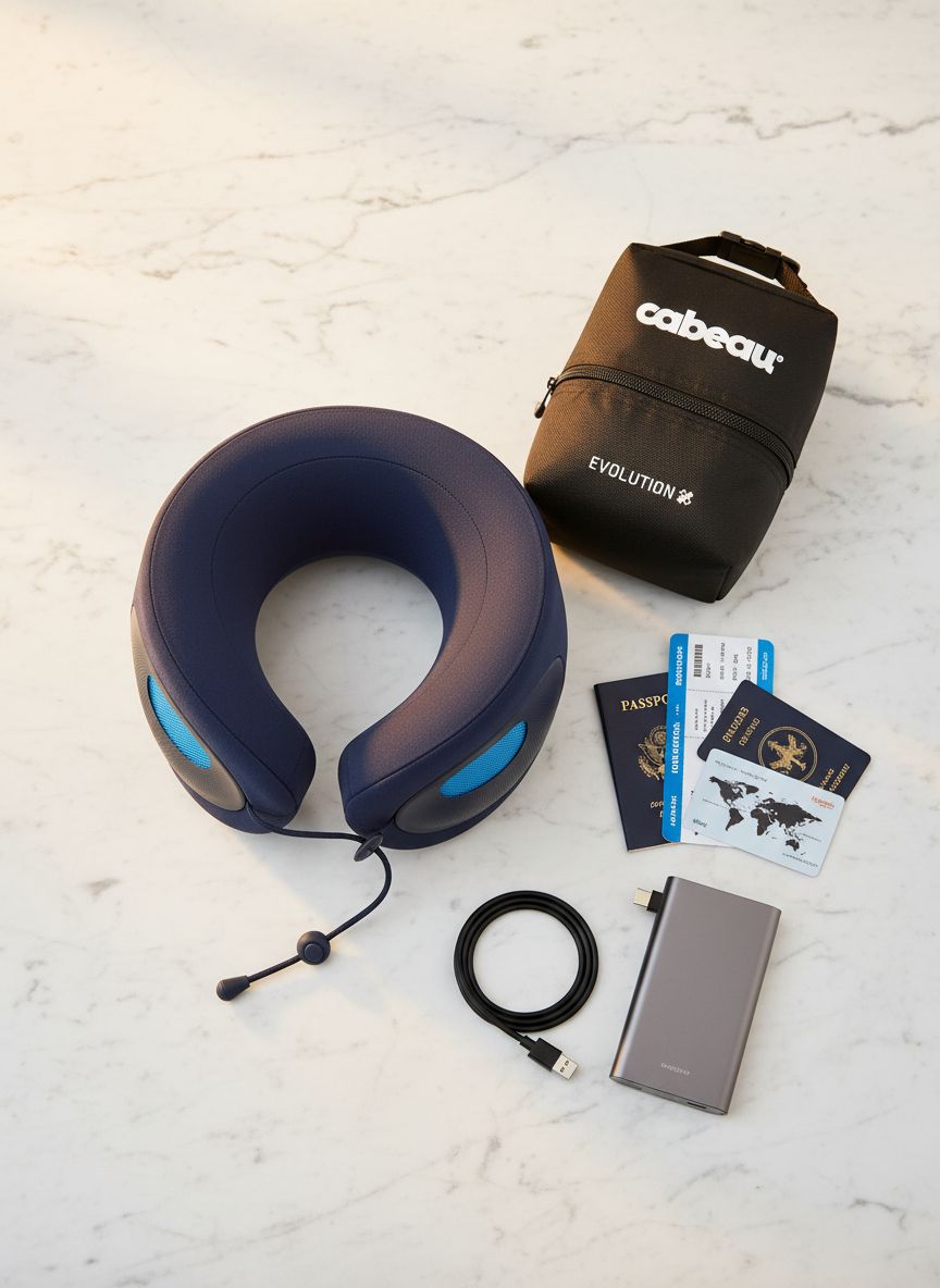 Cabeau Evolution X memory foam travel neck pillow in dark blue and light blue with ergonomic support design and included carry bag — view 7a