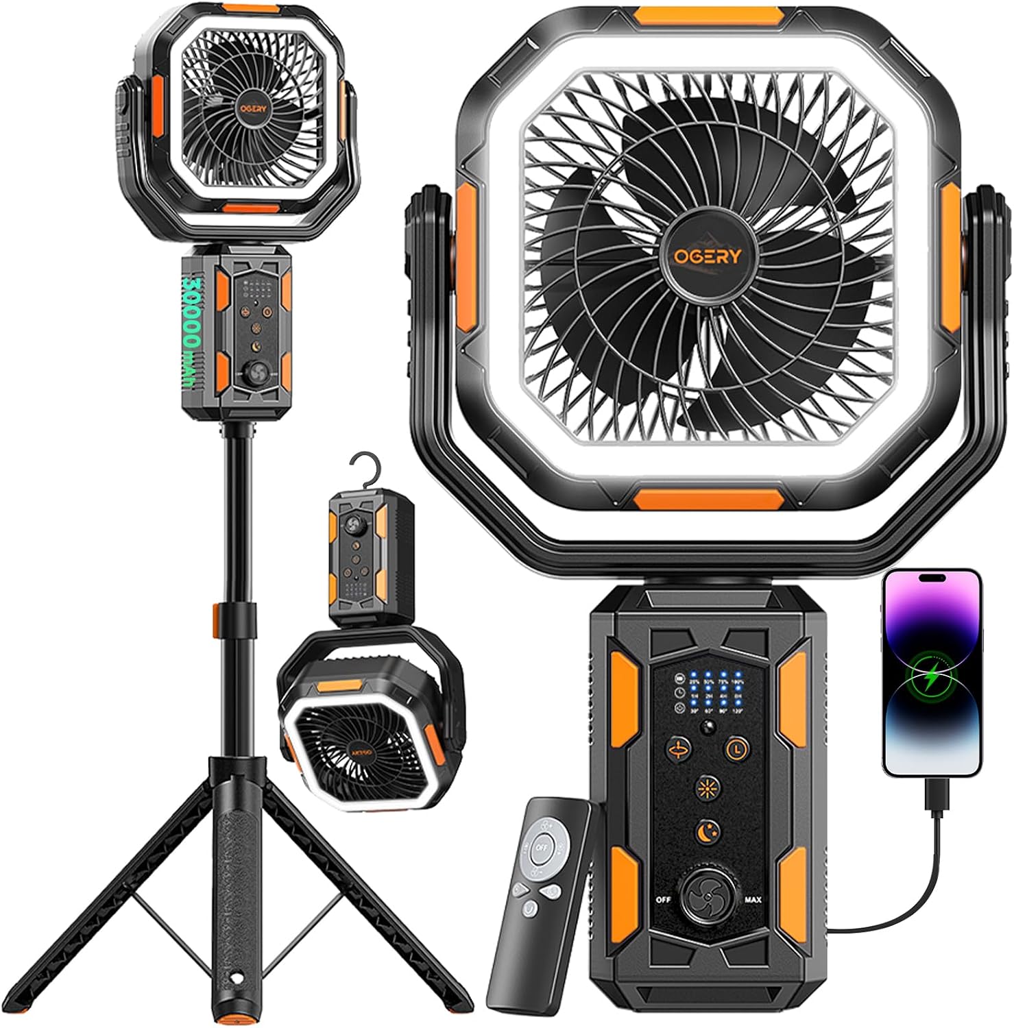 Compact battery-powered camping fan with adjustable metal stand, LED light, and remote control in [color] — view 1