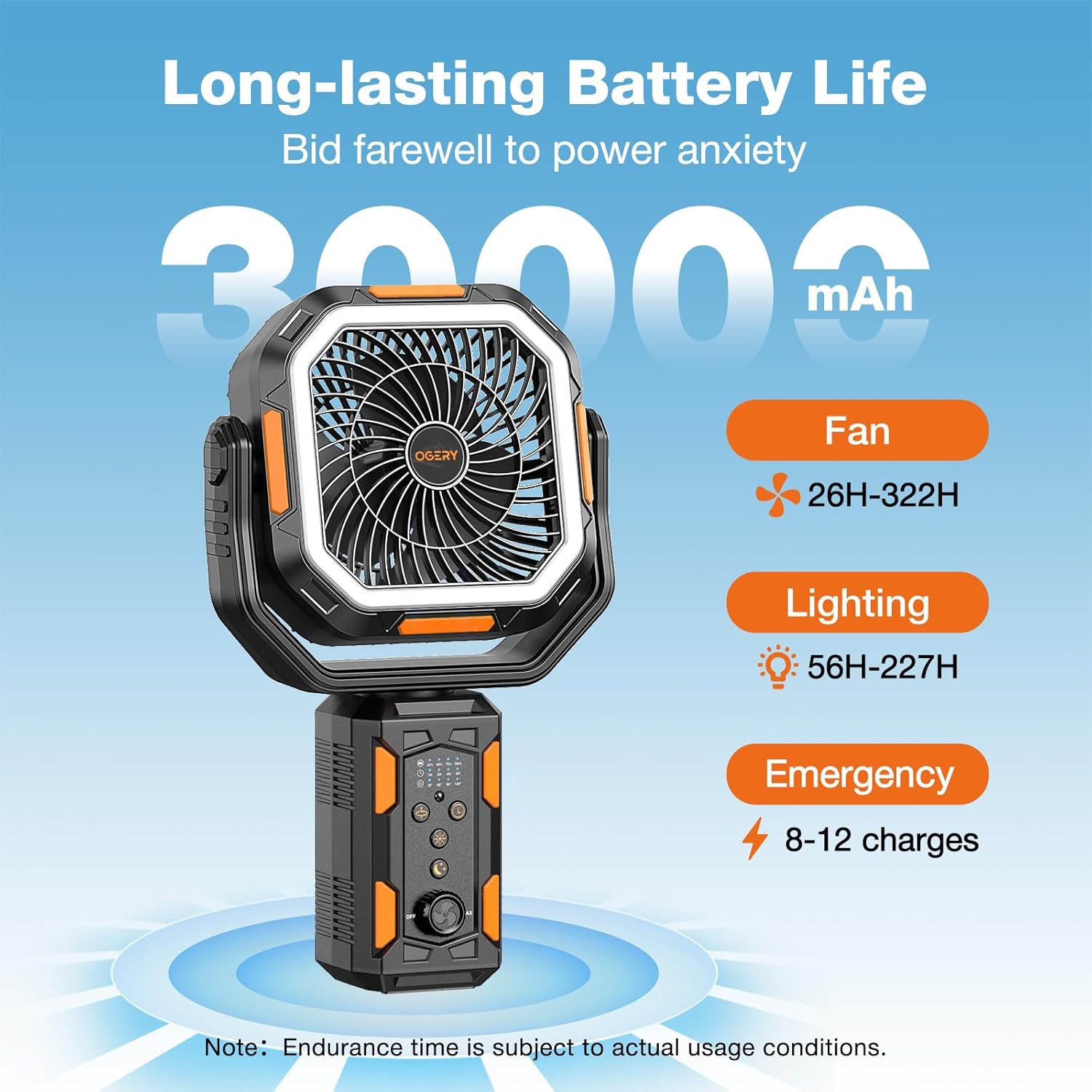 Compact battery-powered camping fan with adjustable metal stand, LED light, and remote control in [color] — view 2