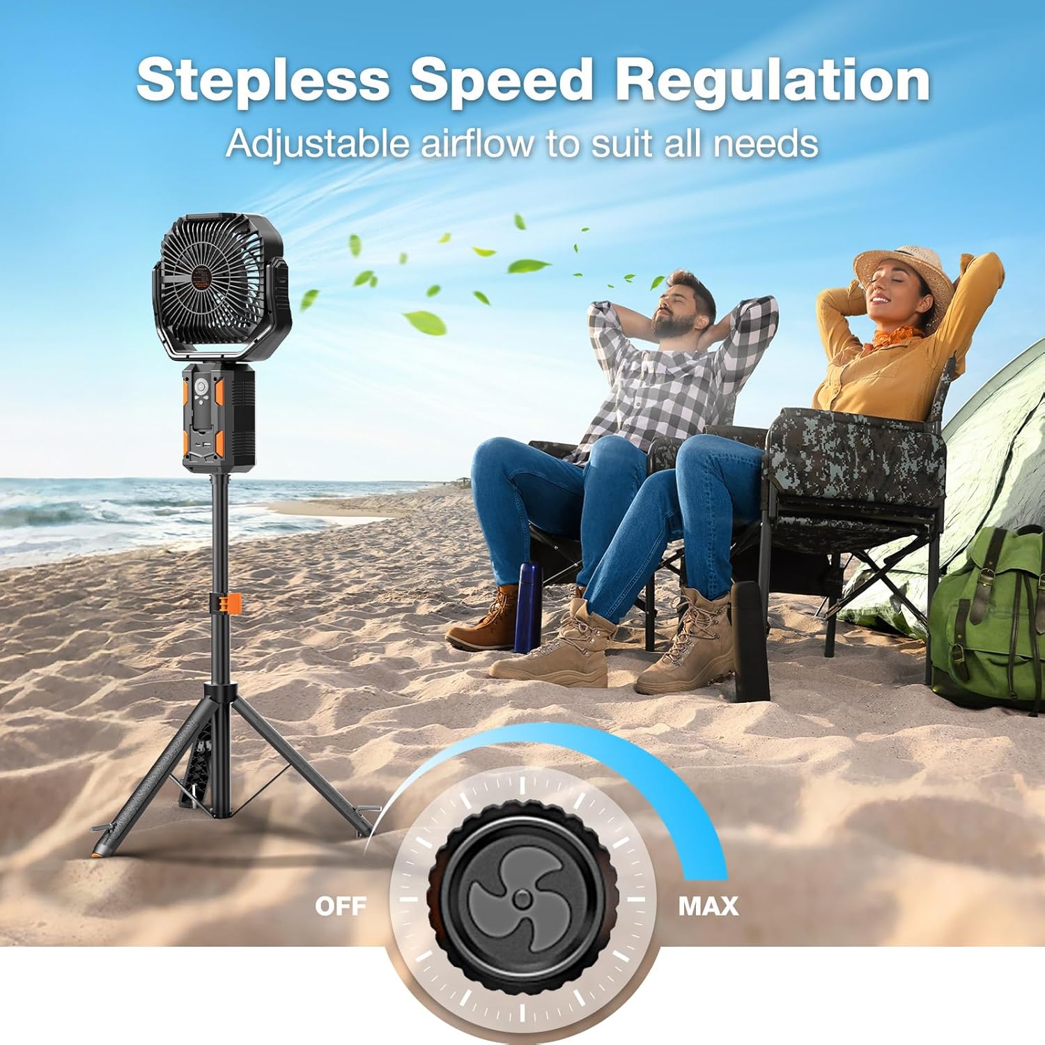 Compact battery-powered camping fan with adjustable metal stand, LED light, and remote control in [color] — view 4