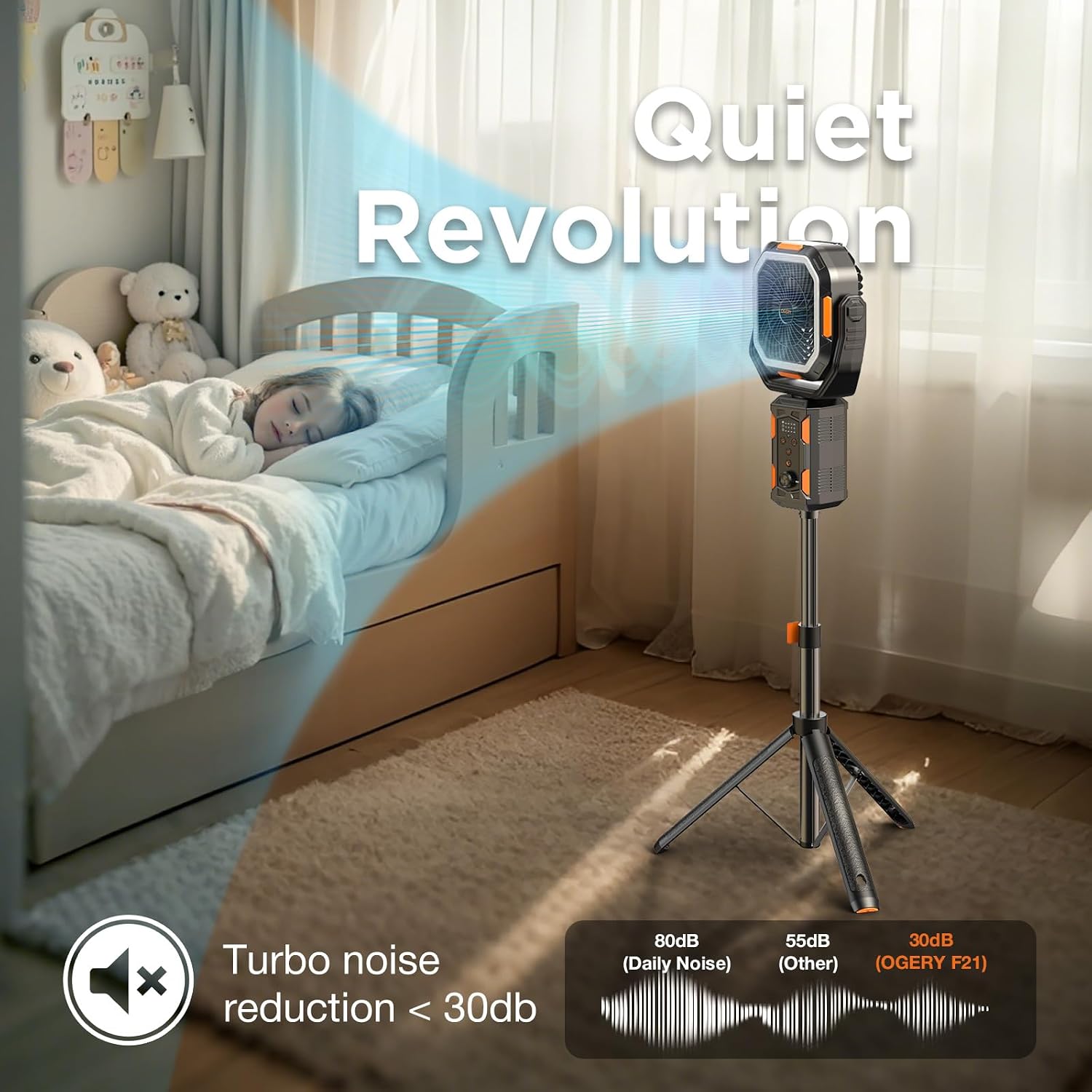 Compact battery-powered camping fan with adjustable metal stand, LED light, and remote control in [color] — view 2