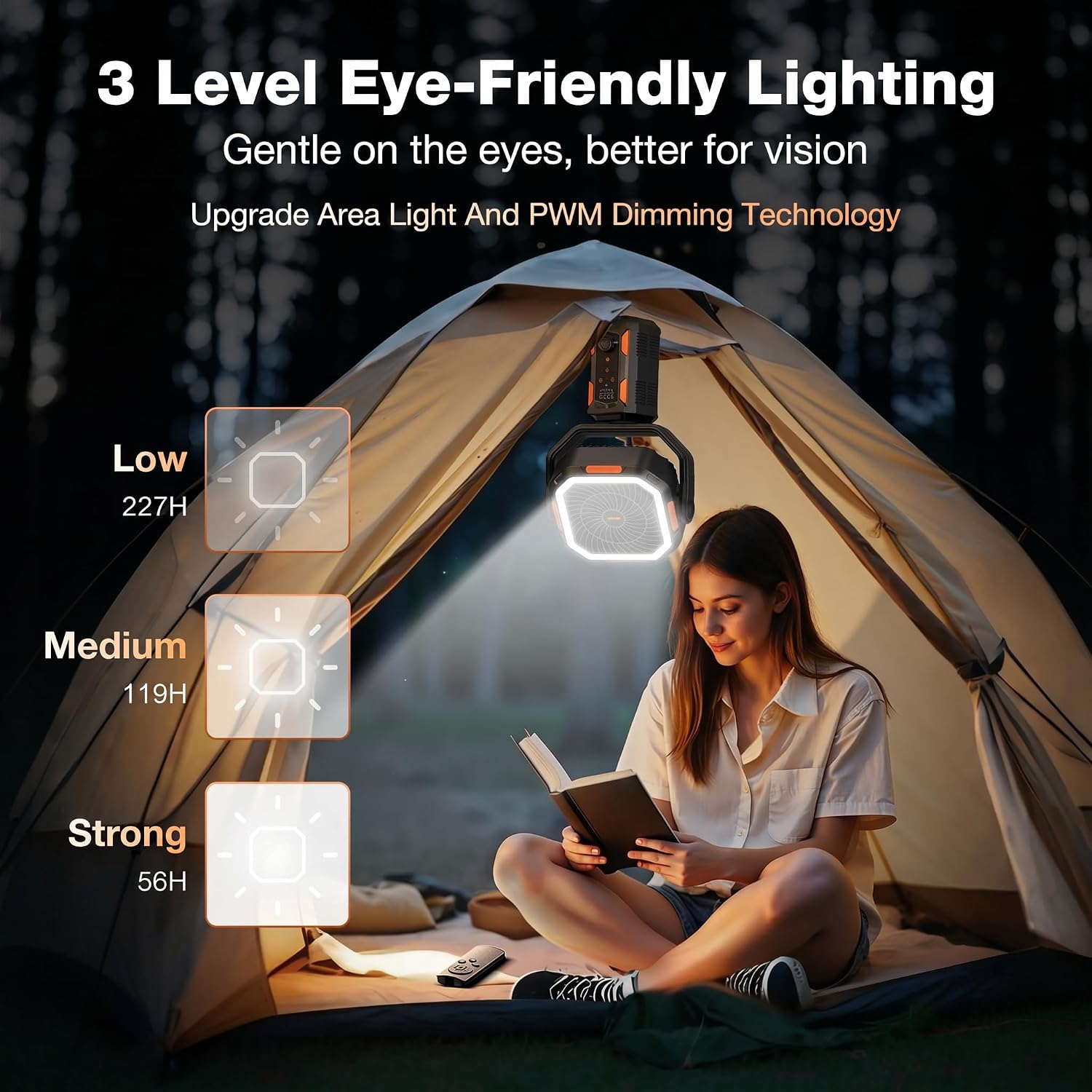 Compact battery-powered camping fan with adjustable metal stand, LED light, and remote control in [color] — view 3
