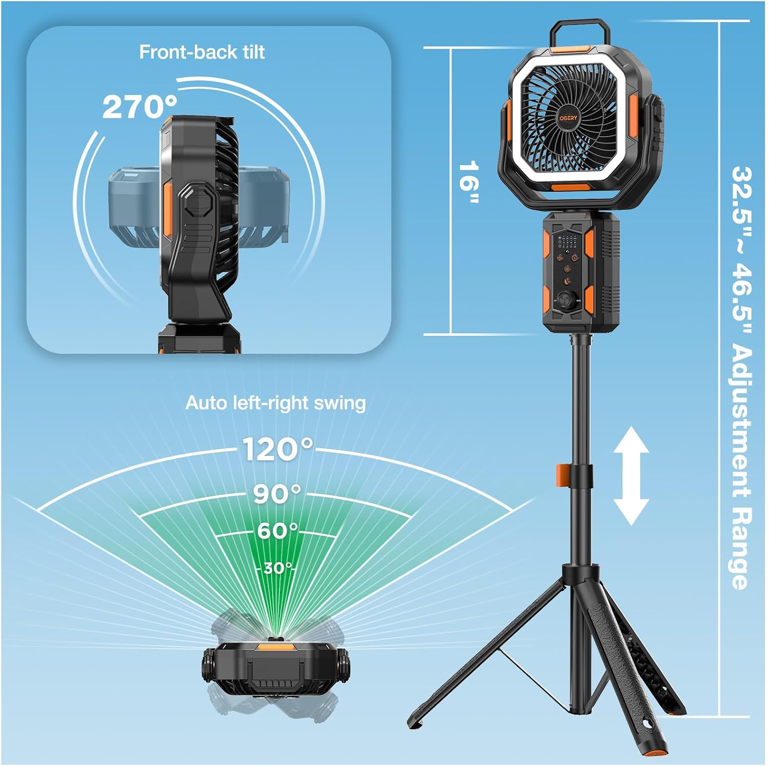 Compact battery-powered camping fan with adjustable metal stand, LED light, and remote control in [color] — view 4