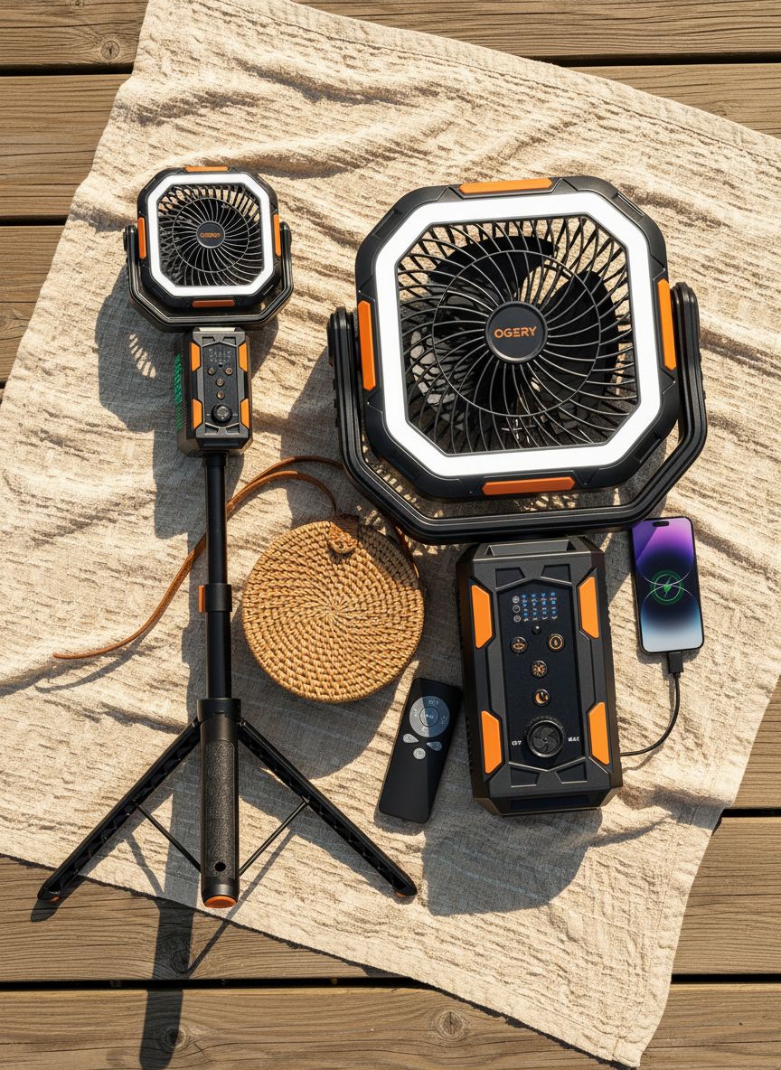 Compact battery-powered camping fan with adjustable metal stand, LED light, and remote control in [color] — view 7a