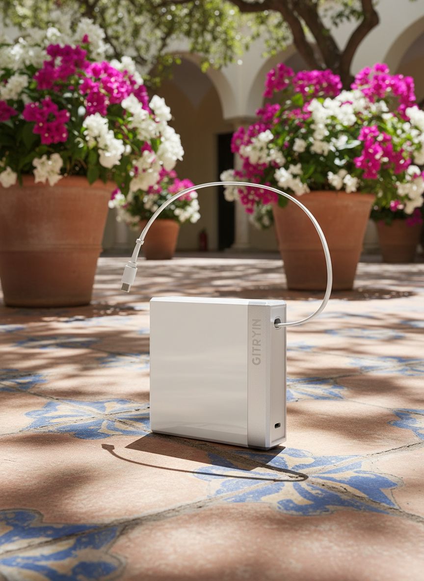 [Color] compact 140W retractable laptop charger with dual USB-C ports and coiled cable, displayed with MacBook and iPhone — view 1
