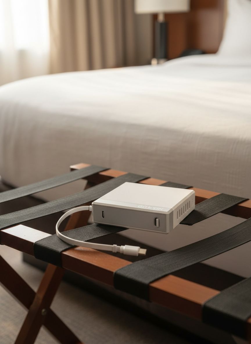 [Color] compact 140W retractable laptop charger with dual USB-C ports and coiled cable, displayed with MacBook and iPhone — view 2
