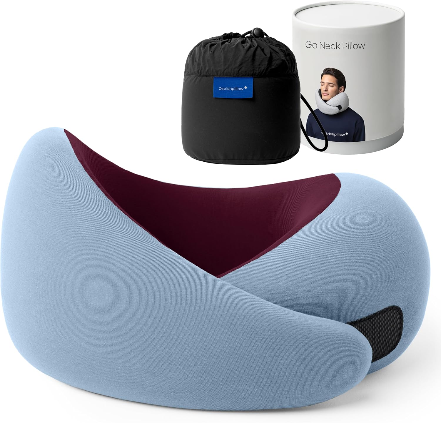 [Color] memory foam neck pillow with 360-degree support and asymmetrical design, shown with included travel bag — view 1