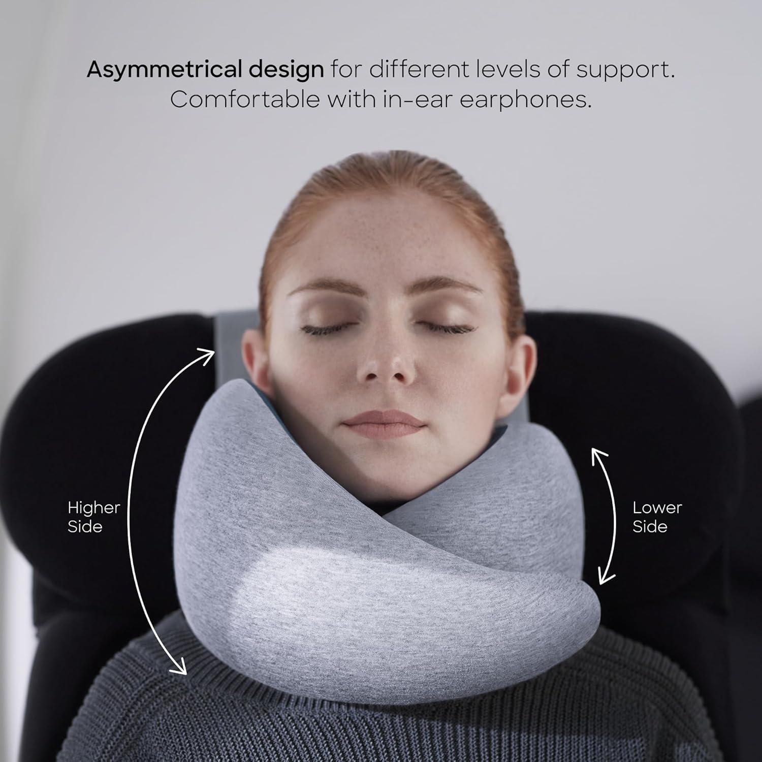 [Color] memory foam neck pillow with 360-degree support and asymmetrical design, shown with included travel bag — view 2