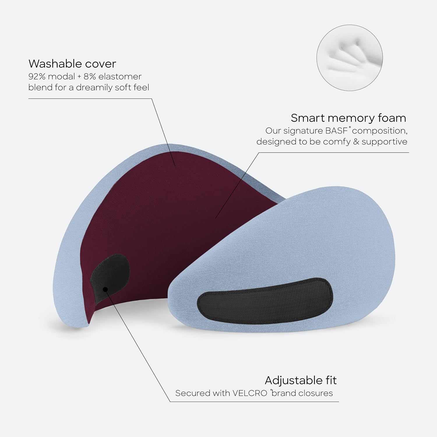 [Color] memory foam neck pillow with 360-degree support and asymmetrical design, shown with included travel bag — view 3