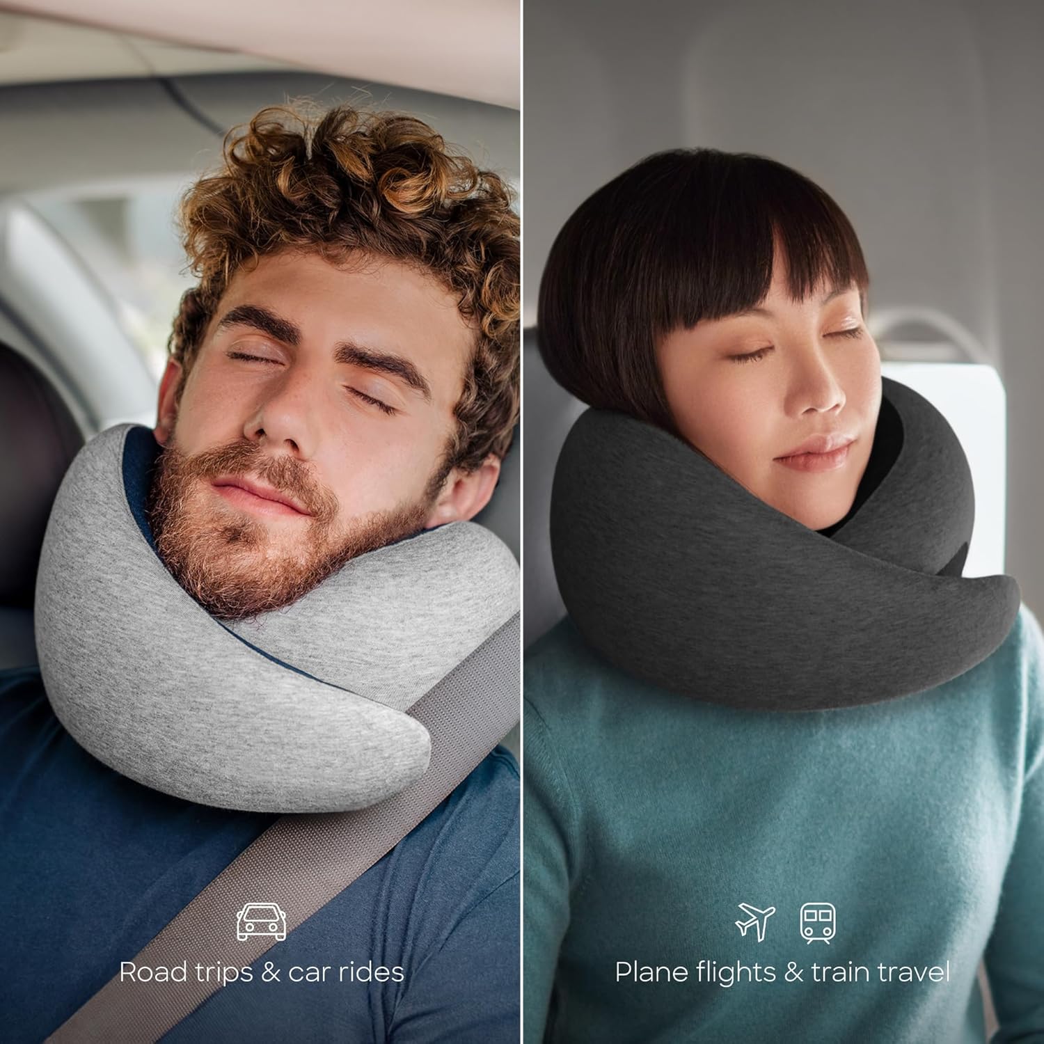 [Color] memory foam neck pillow with 360-degree support and asymmetrical design, shown with included travel bag — view 3