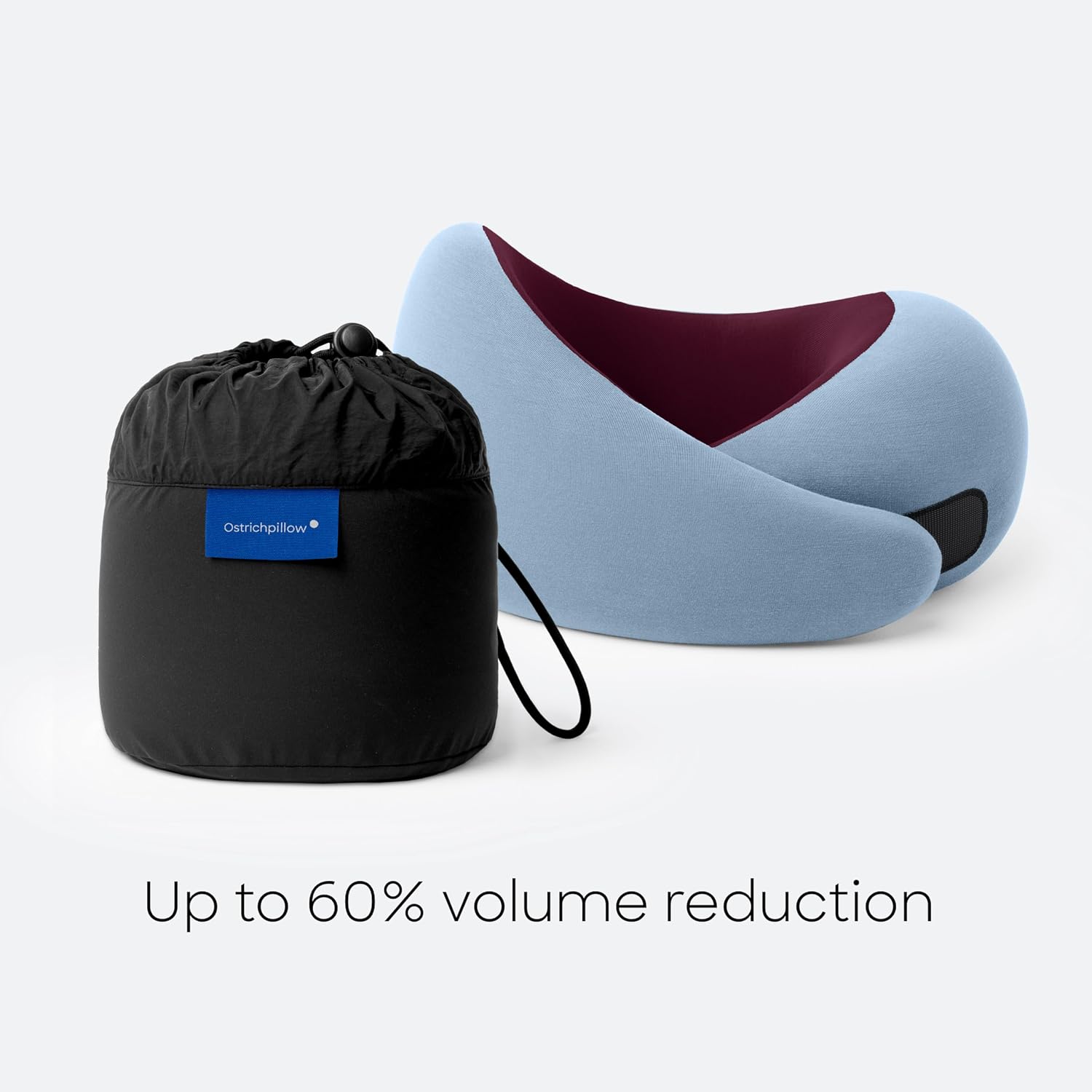 [Color] memory foam neck pillow with 360-degree support and asymmetrical design, shown with included travel bag — view 4