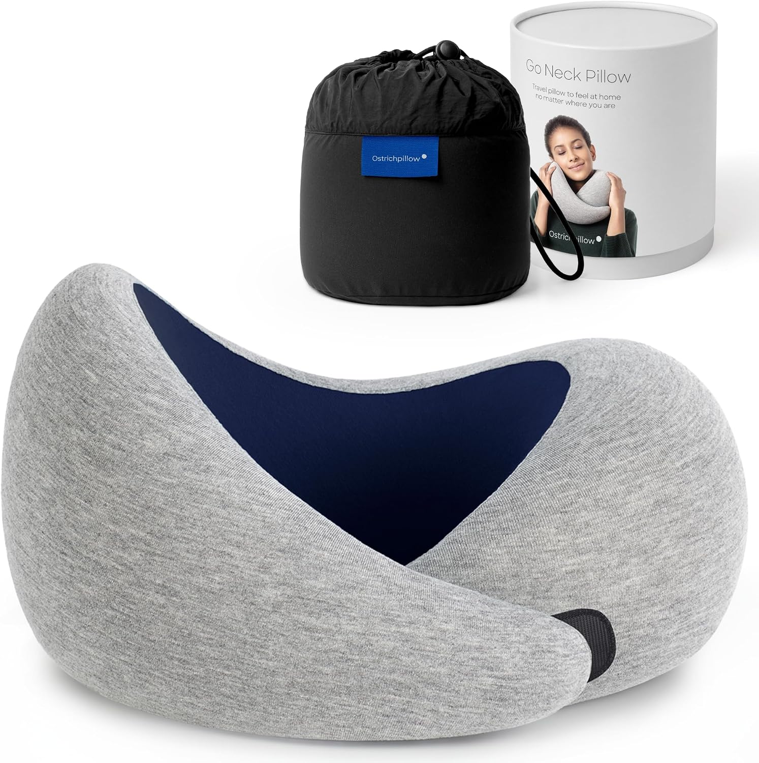 [Color] memory foam neck pillow with 360-degree support and asymmetrical design, shown with included travel bag — view 5