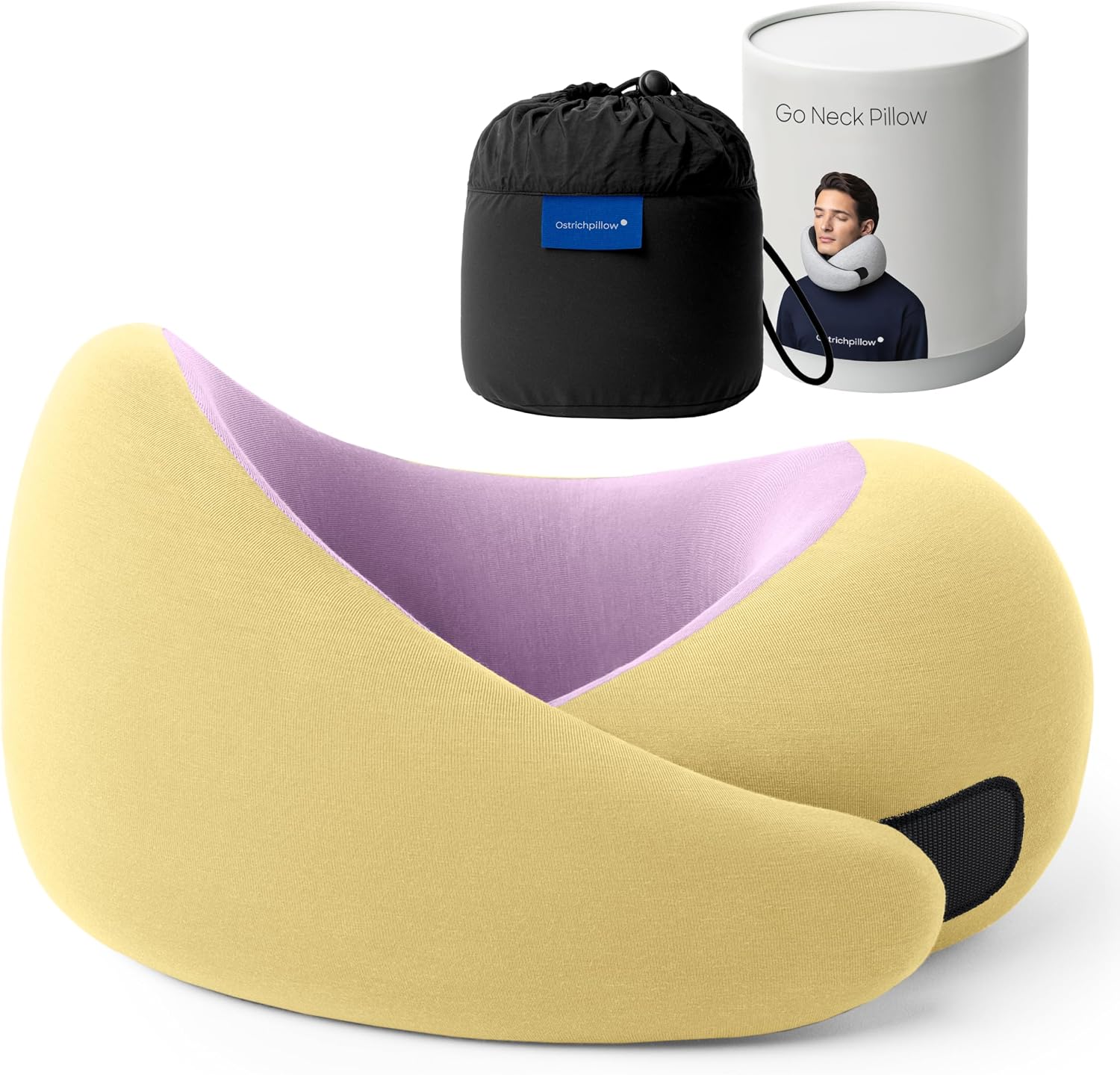 [Color] memory foam neck pillow with 360-degree support and asymmetrical design, shown with included travel bag — view 7a