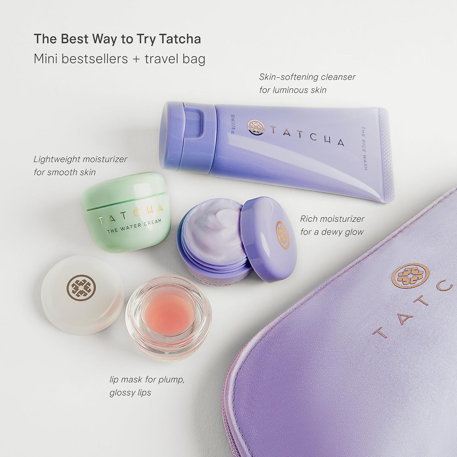 [Color] fabric travel pouch with trial-size Japanese skincare bottles including cleanser, moisturizer, and lip mask — view 2