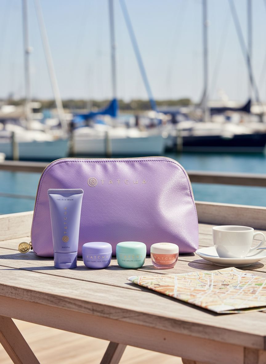 [Color] fabric travel pouch with trial-size Japanese skincare bottles including cleanser, moisturizer, and lip mask — view 1