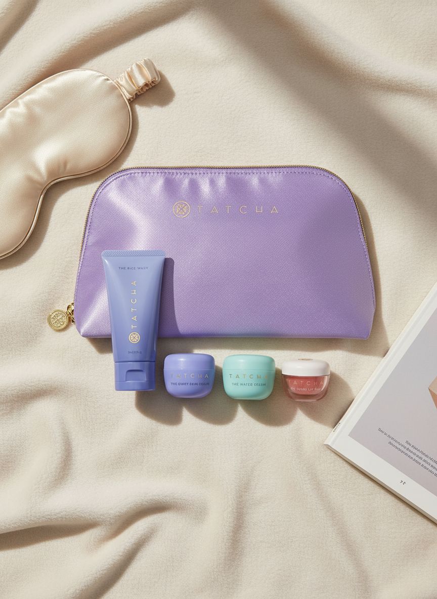 [Color] fabric travel pouch with trial-size Japanese skincare bottles including cleanser, moisturizer, and lip mask — view 7a