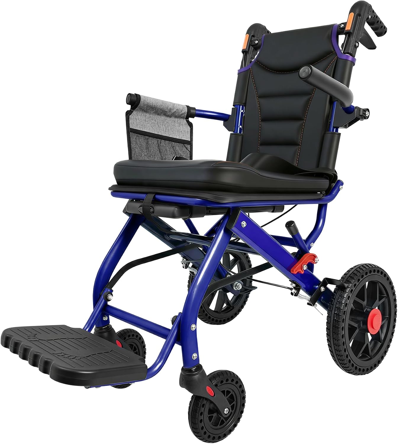Lightweight aluminum folding wheelchair in [color] with 12-inch PU rear wheels, shown in compact folded position for travel — view 1