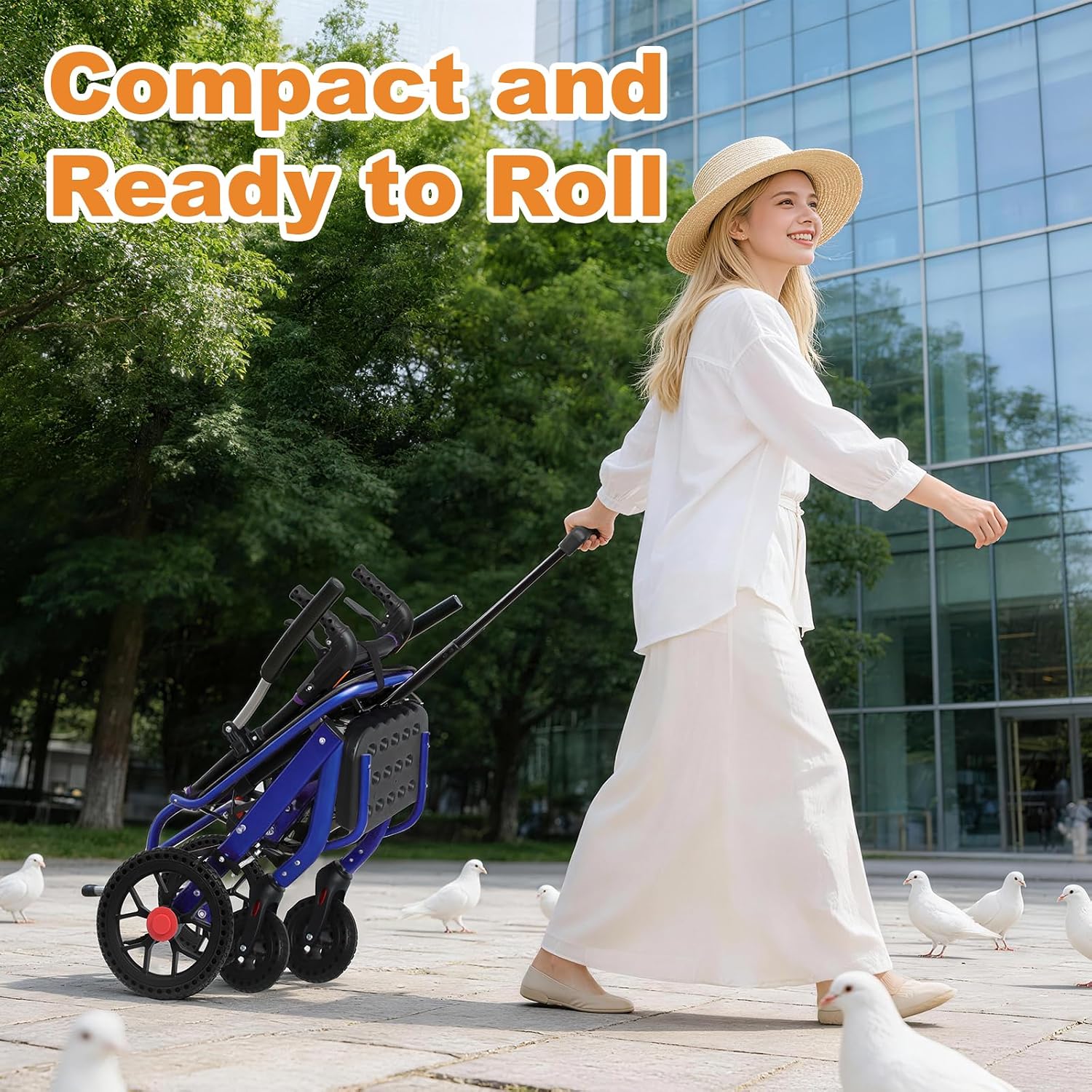 Lightweight aluminum folding wheelchair in [color] with 12-inch PU rear wheels, shown in compact folded position for travel — view 5