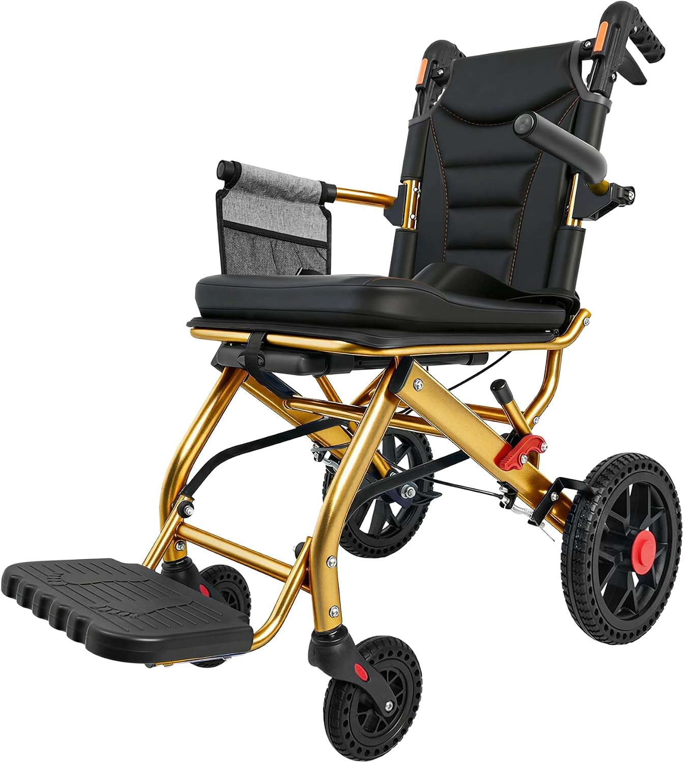 Lightweight aluminum folding wheelchair in [color] with 12-inch PU rear wheels, shown in compact folded position for travel — view 4