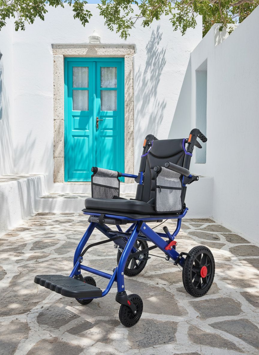 Lightweight aluminum folding wheelchair in [color] with 12-inch PU rear wheels, shown in compact folded position for travel — view 1
