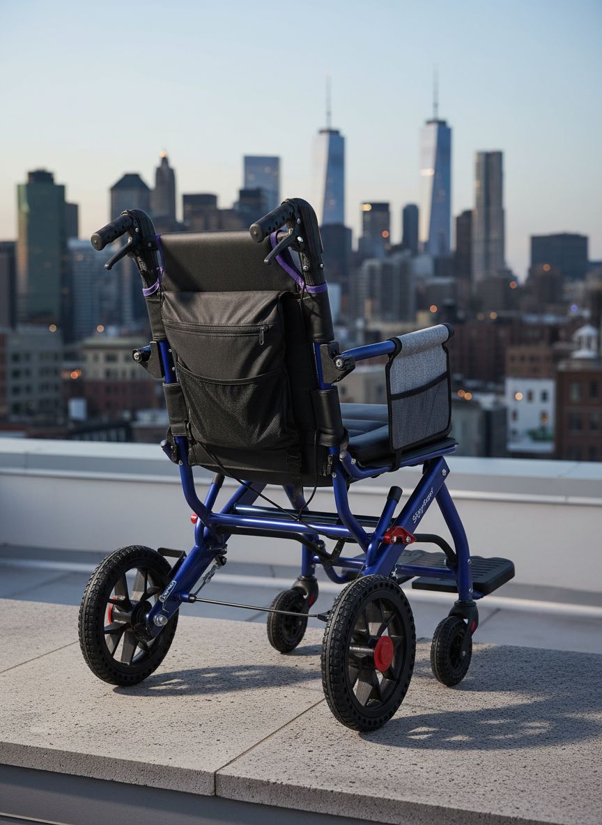 Lightweight aluminum folding wheelchair in [color] with 12-inch PU rear wheels, shown in compact folded position for travel — view 2