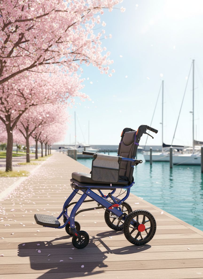 Lightweight aluminum folding wheelchair in [color] with 12-inch PU rear wheels, shown in compact folded position for travel — view 3