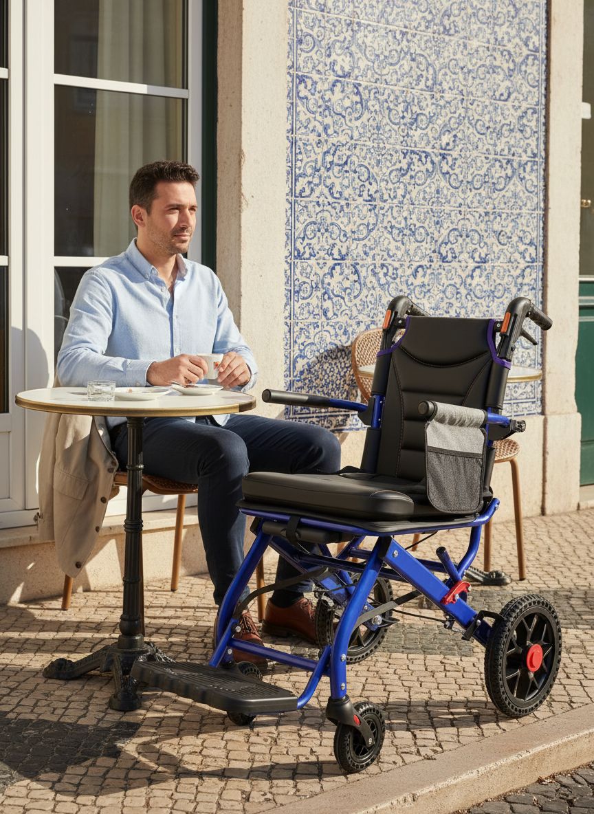 Lightweight aluminum folding wheelchair in [color] with 12-inch PU rear wheels, shown in compact folded position for travel — view 2