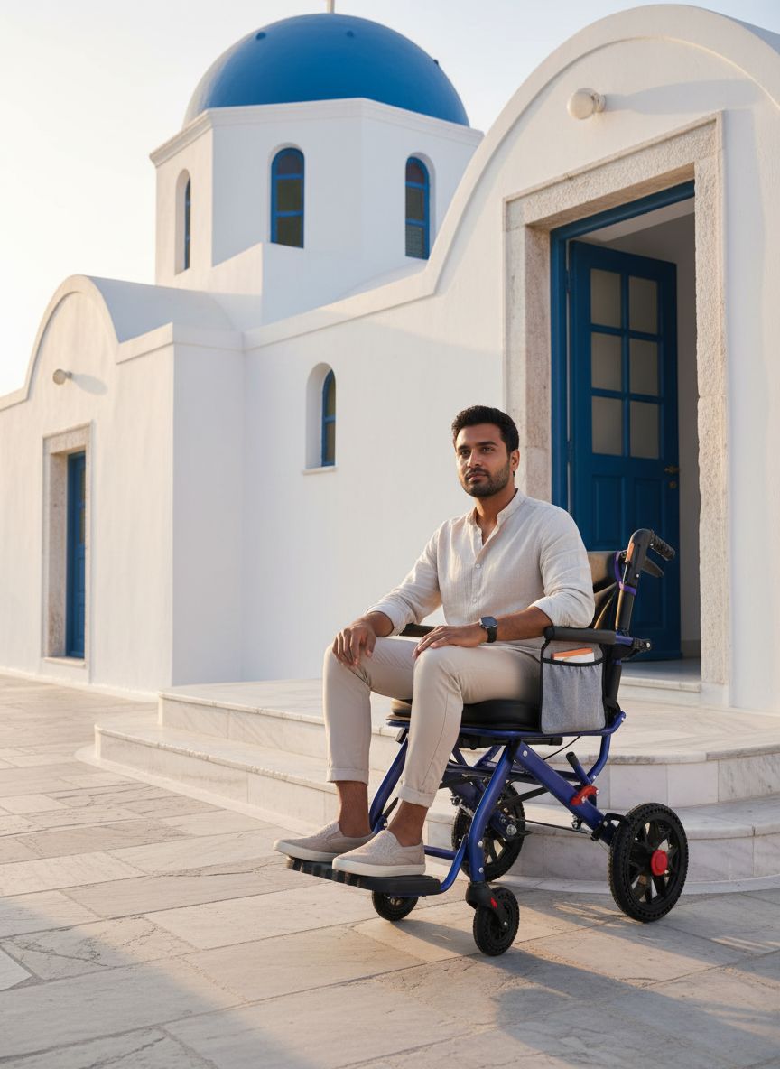 Lightweight aluminum folding wheelchair in [color] with 12-inch PU rear wheels, shown in compact folded position for travel — view 4