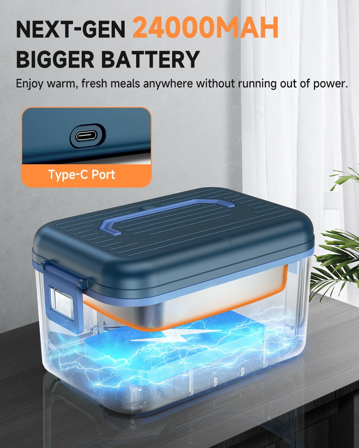 [Color] cordless heated lunch box with rechargeable battery and ice crystal compartment, shown open displaying stainless steel interior — view 2