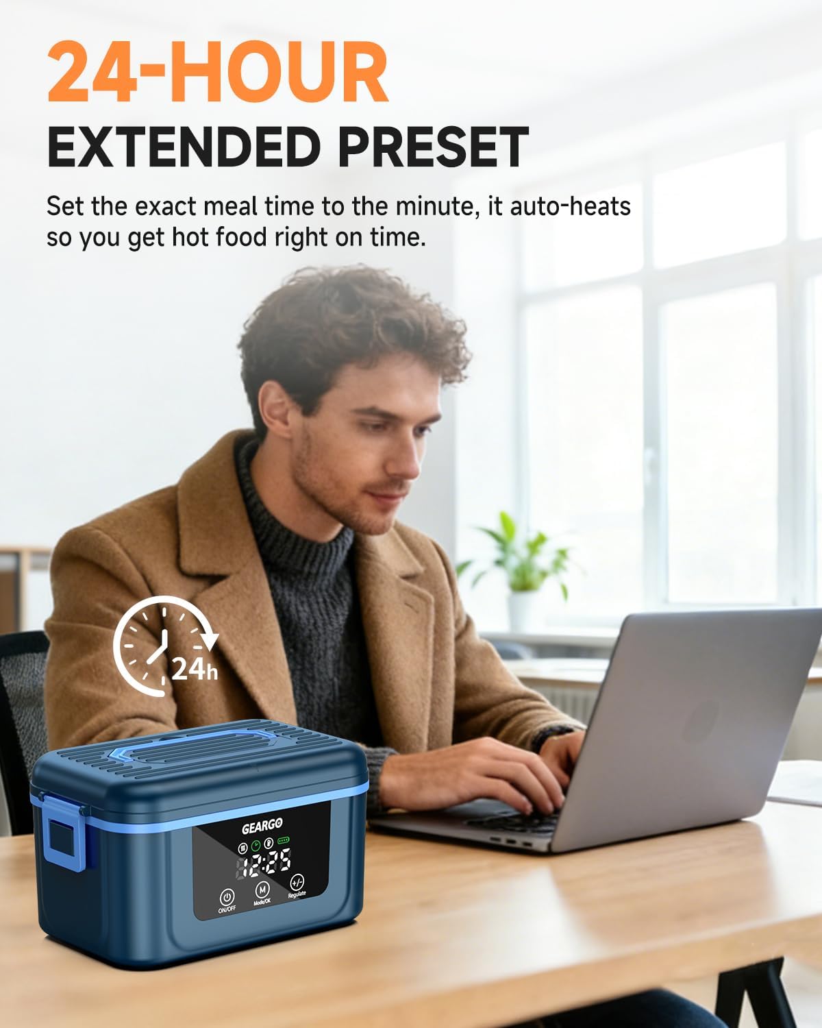 [Color] cordless heated lunch box with rechargeable battery and ice crystal compartment, shown open displaying stainless steel interior — view 3