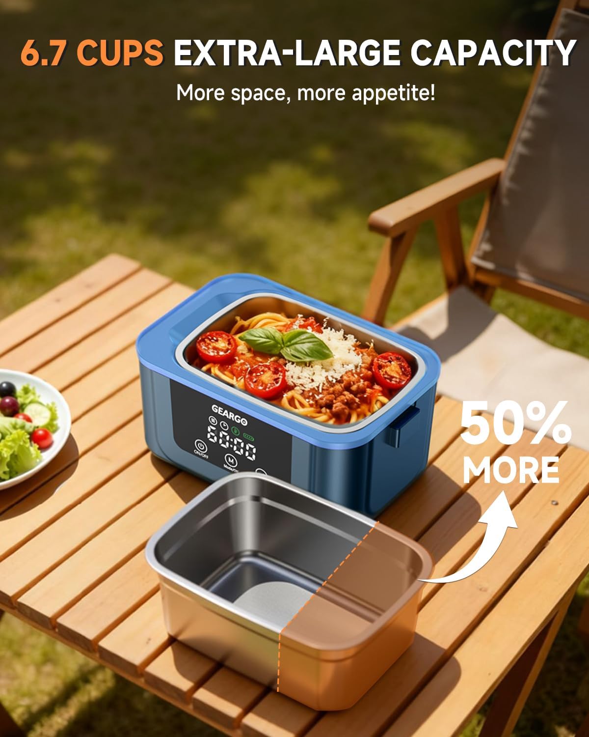 [Color] cordless heated lunch box with rechargeable battery and ice crystal compartment, shown open displaying stainless steel interior — view 4