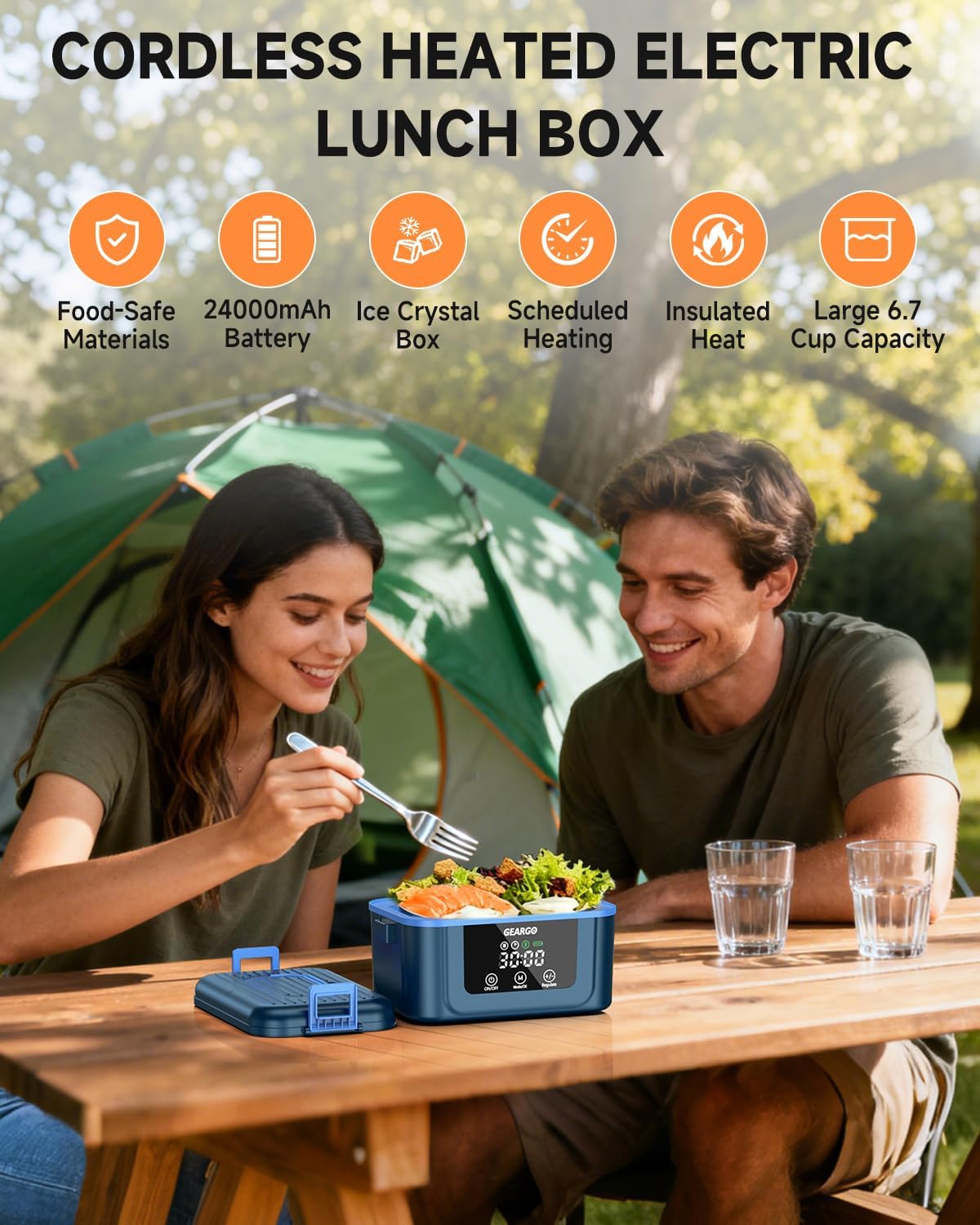 [Color] cordless heated lunch box with rechargeable battery and ice crystal compartment, shown open displaying stainless steel interior — view 3