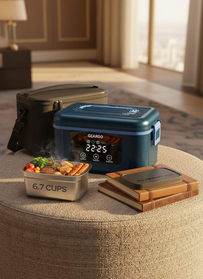 [Color] cordless heated lunch box with rechargeable battery and ice crystal compartment, shown open displaying stainless steel interior — view 1
