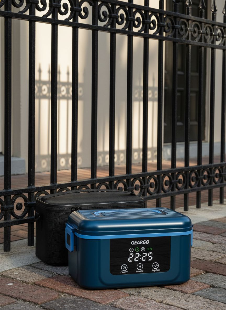 [Color] cordless heated lunch box with rechargeable battery and ice crystal compartment, shown open displaying stainless steel interior — view 3