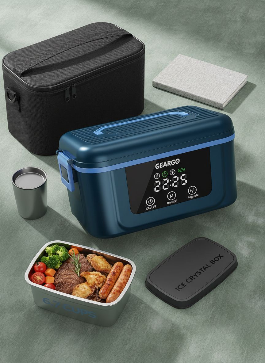 [Color] cordless heated lunch box with rechargeable battery and ice crystal compartment, shown open displaying stainless steel interior — view 7a